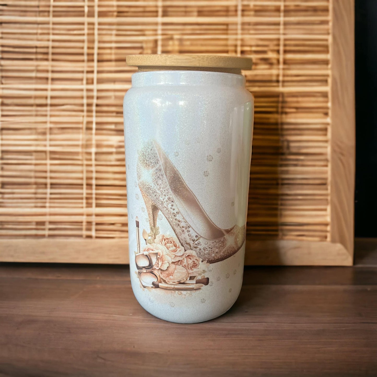 Wedding shoe - Glass Libby Can with Bamboo lid and Metal Straw